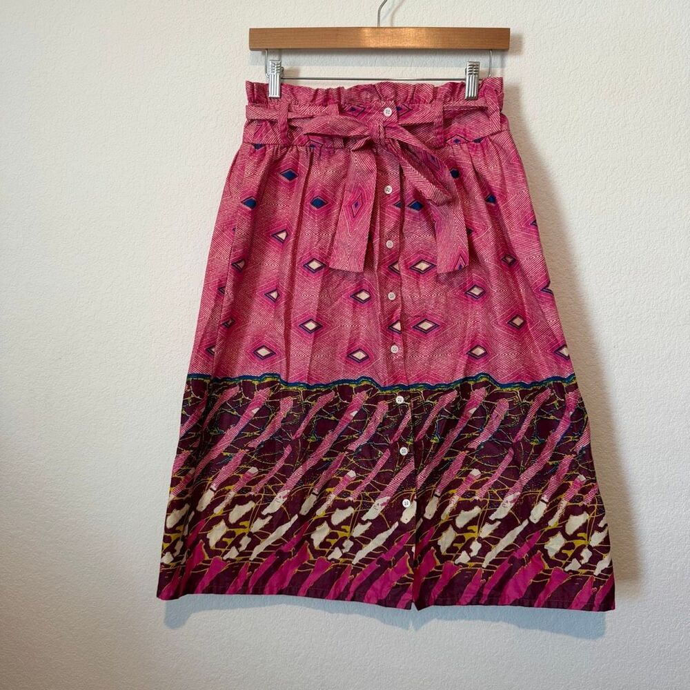 Indego Africa Pink Abstract Tie Waist Button Down Midi Skirt Women's Size Medium